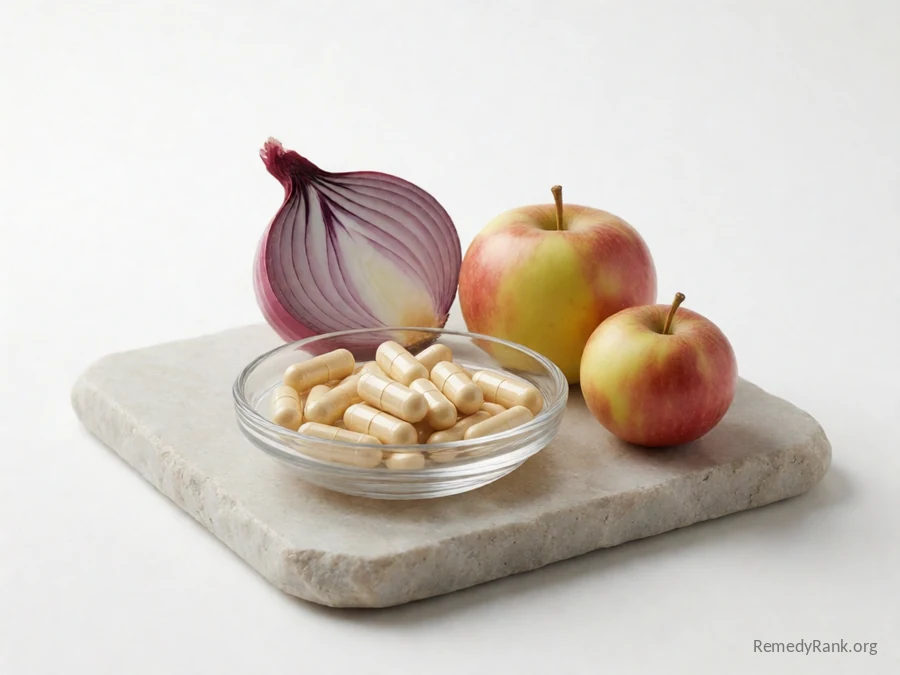 Pale yellow capsules beside a halved red onion and a small apple.