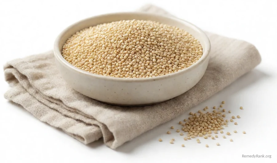 A small pile of tiny pale quinoa seeds.