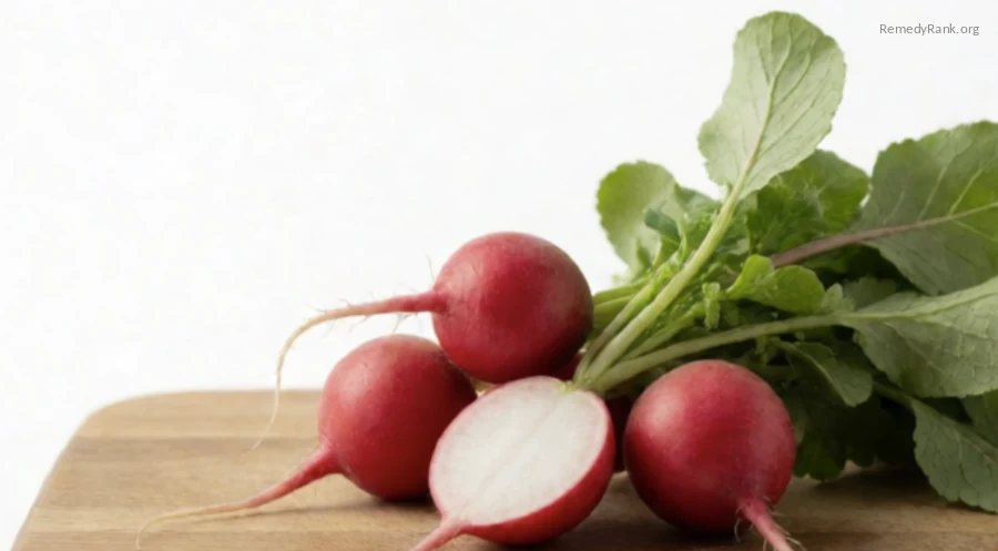 Red radishes with green tops, one halved, on a wooden board.
