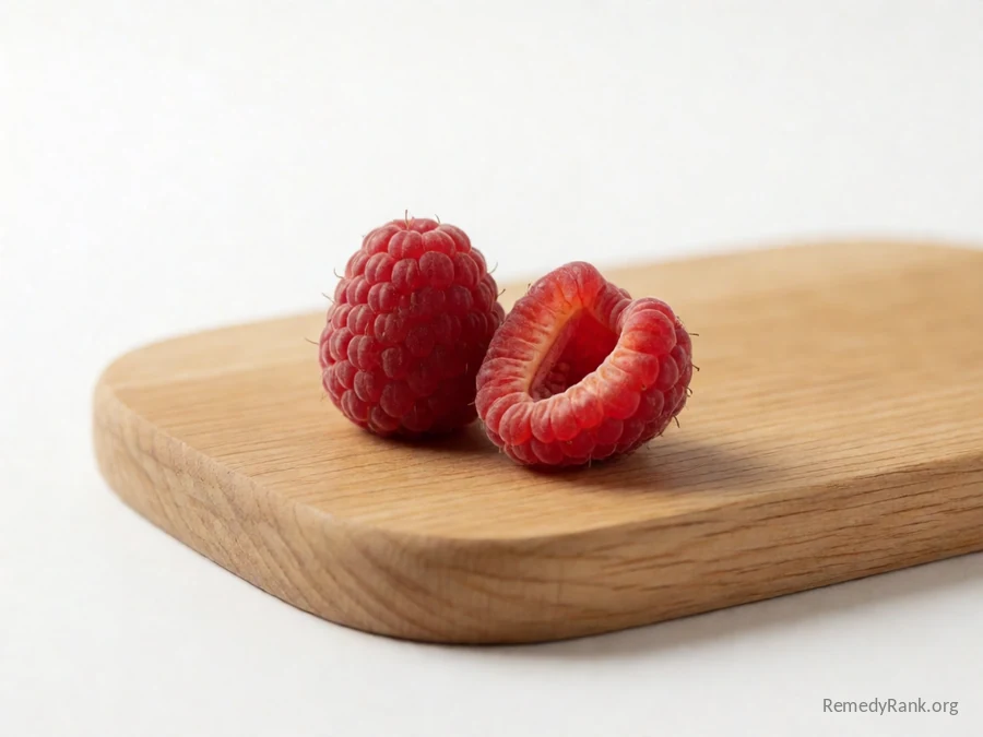 Whole raspberries beside one split open showing its hollow interior.