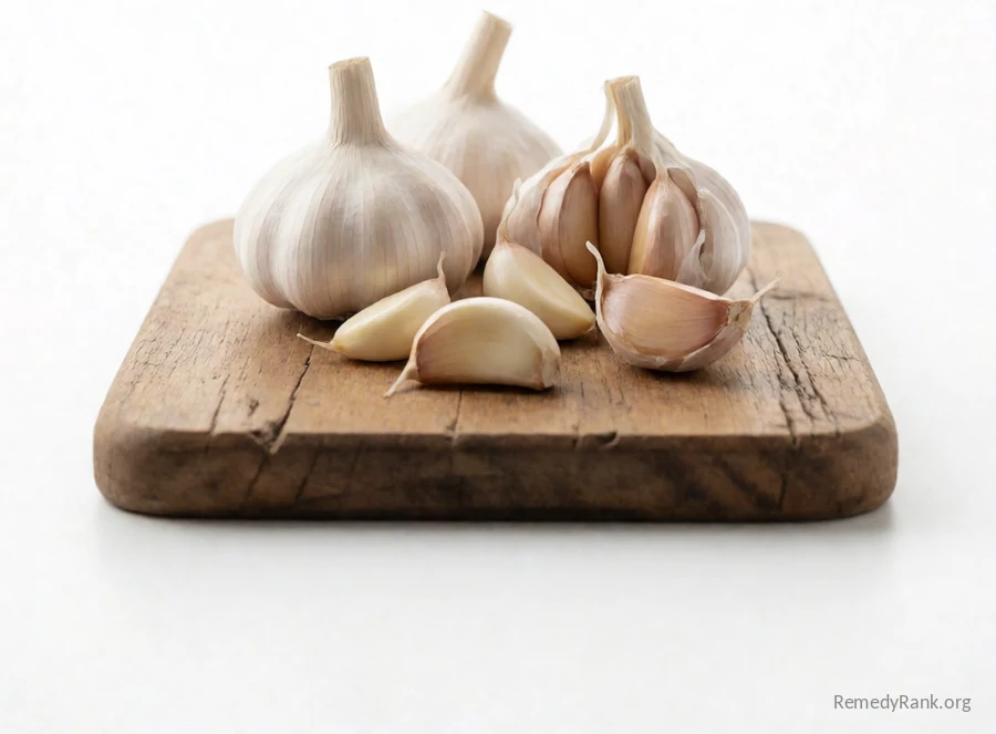A few whole garlic bulbs and loose peeled cloves are scattered across a wooden board.