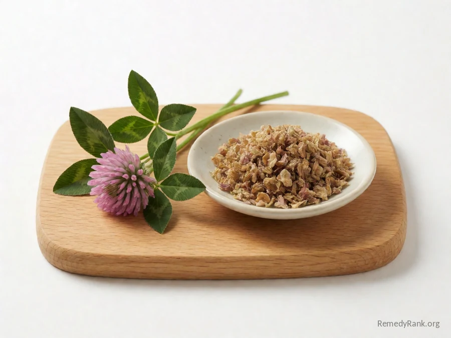 A fresh red clover blossom beside a dish of dried red clover flower.