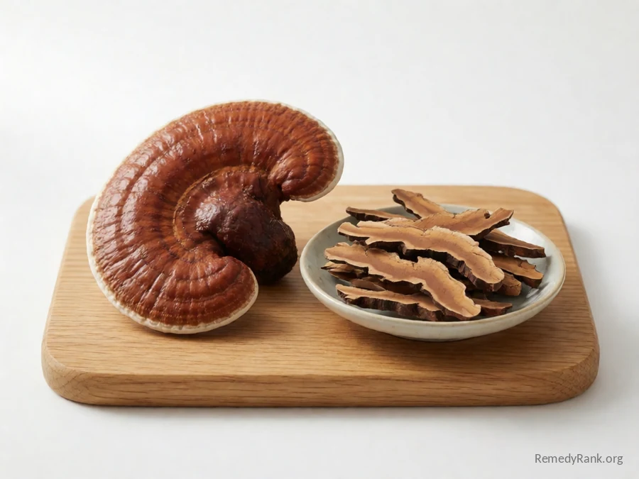 A whole reddish-brown reishi mushroom beside a dish of dried sliced reishi.