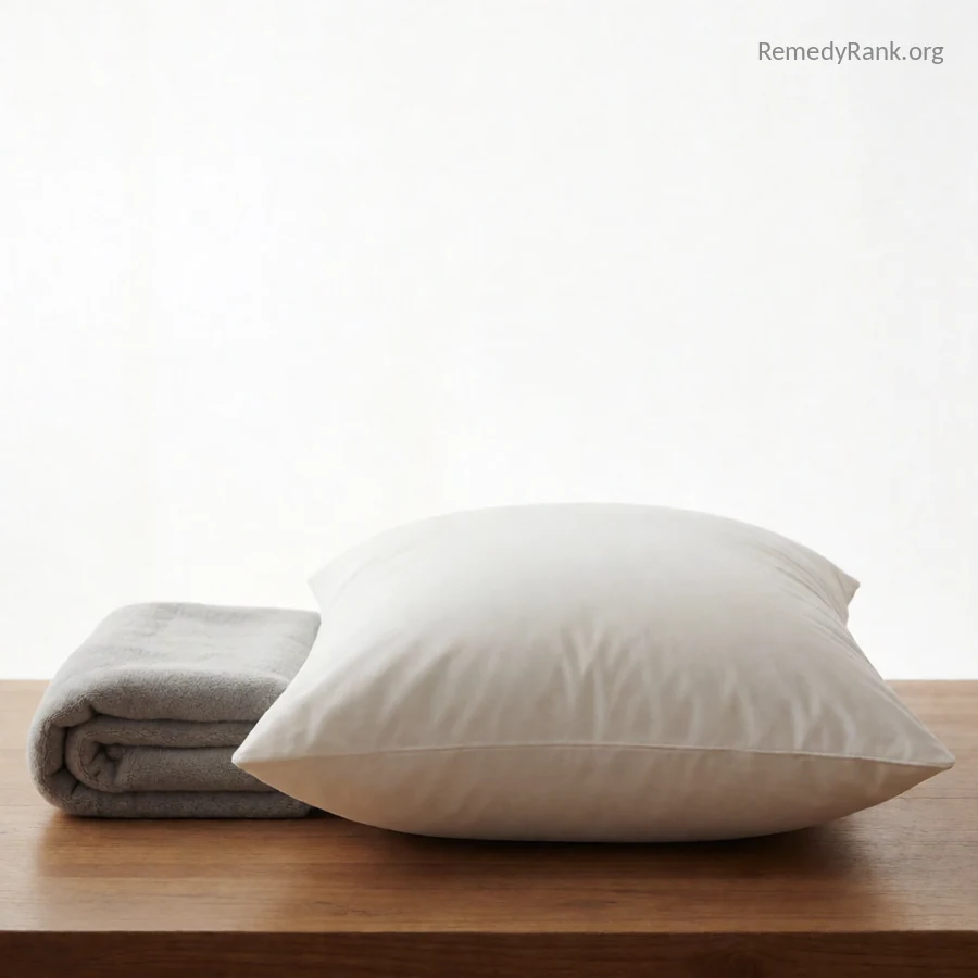 A plump white pillow beside a neatly folded soft grey blanket on a wooden surface.