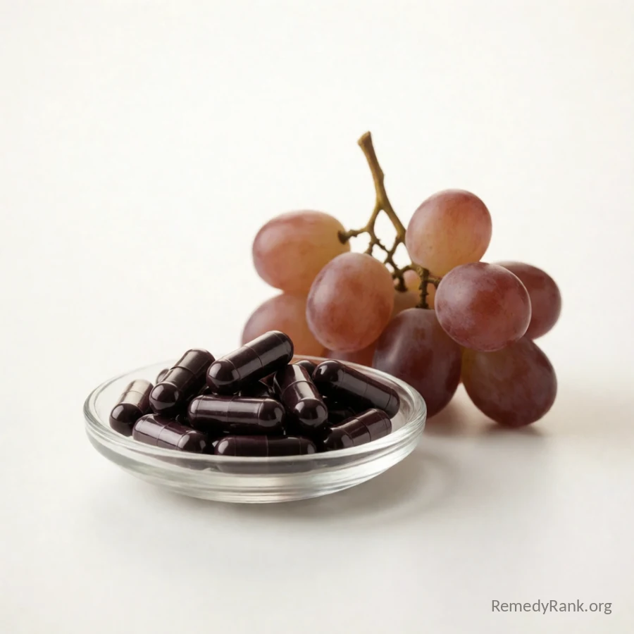 A small glass dish of dark purple capsules resting beside a small cluster of red grapes.