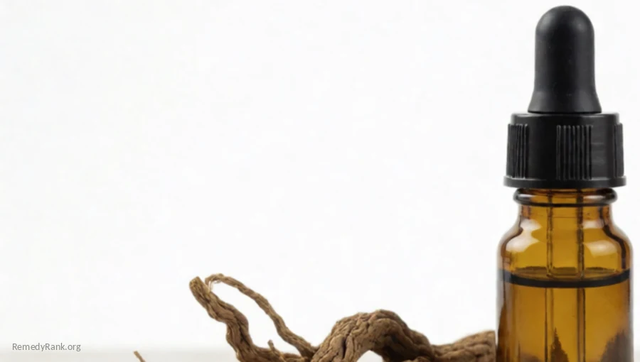 A dried rhodiola root beside a small amber dropper bottle.