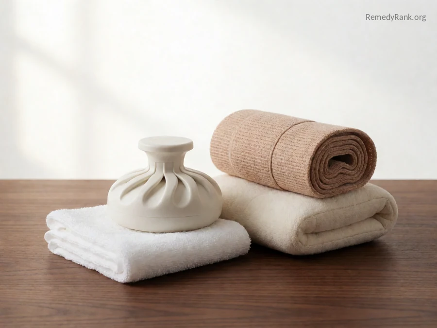 A small ice pack next to a rolled elastic bandage and a folded cushion.