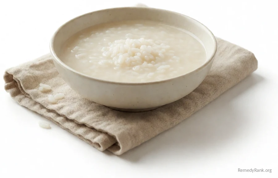 Cloudy white rice-cooking water with a few soft rice grains.