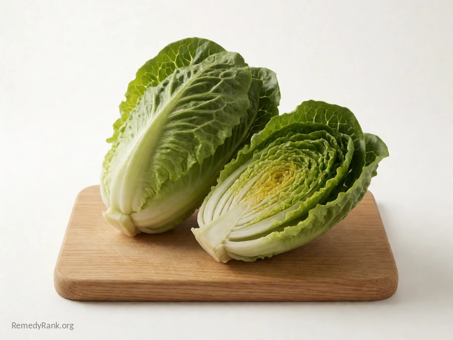 A whole romaine lettuce head beside a leaf showing its pale inner rib.