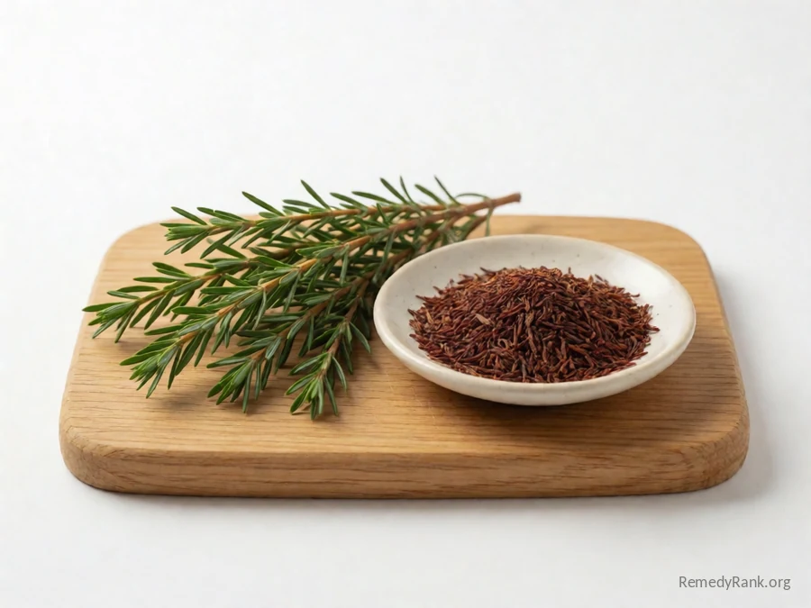 Fresh green rooibos leaves beside a dish of dried red rooibos tea.