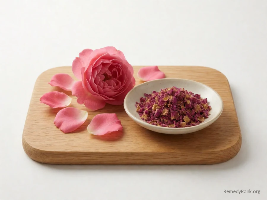Fresh pink rose petals beside a dish of dried rose petals.