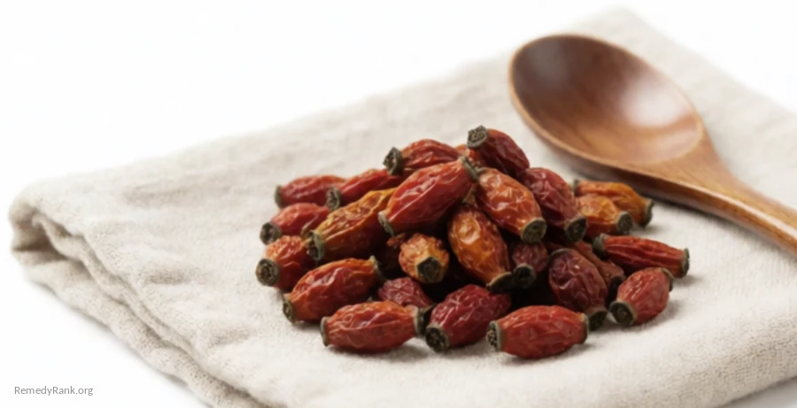 A pile of dried orange-red rosehips beside a wooden spoon.