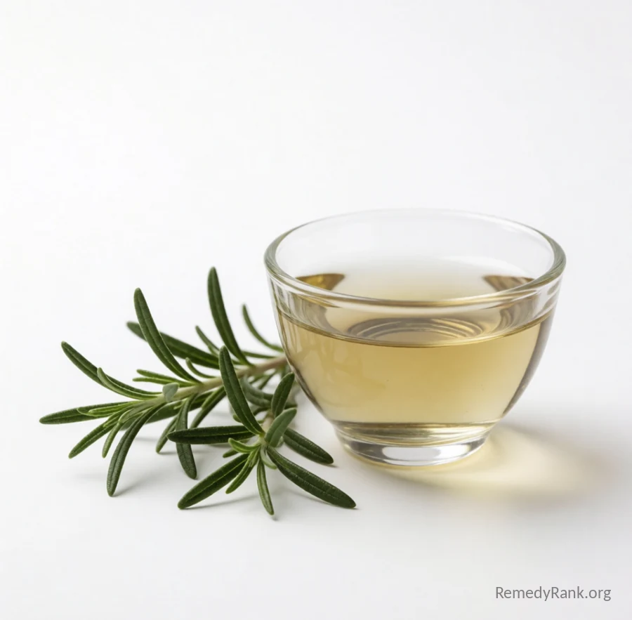 A fresh sprig of needle-leaved rosemary rests beside a small glass cup of pale herbal tea.