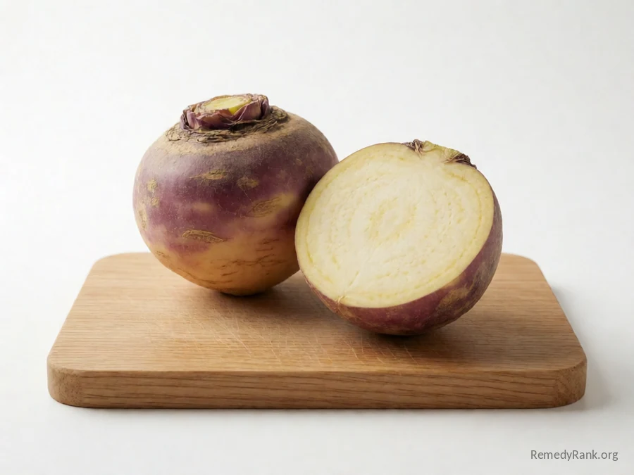 A whole rutabaga beside a cut half showing its yellow flesh.