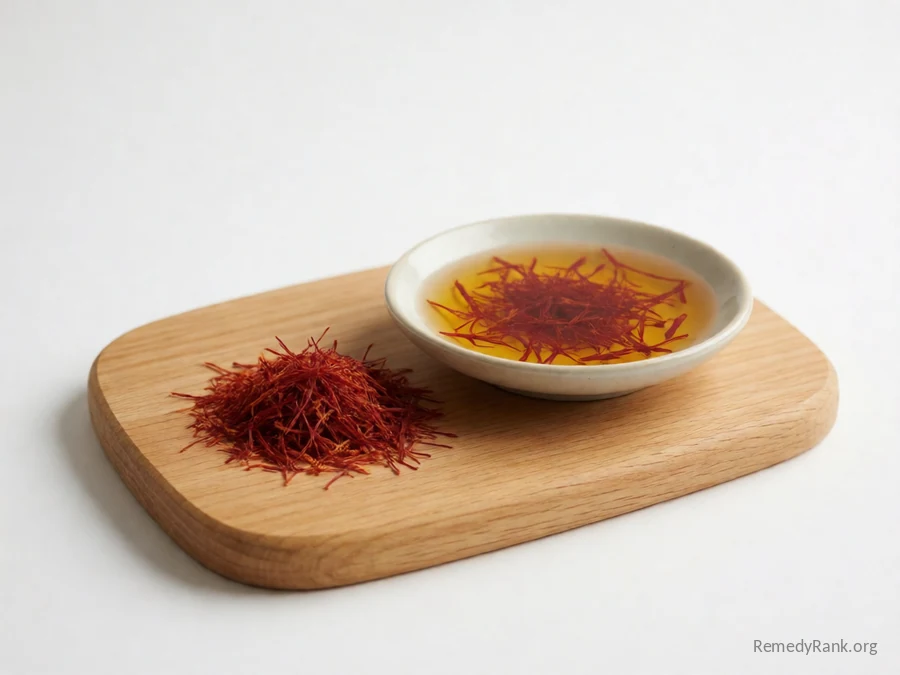 Saffron threads beside a dish of steeped golden saffron tea.