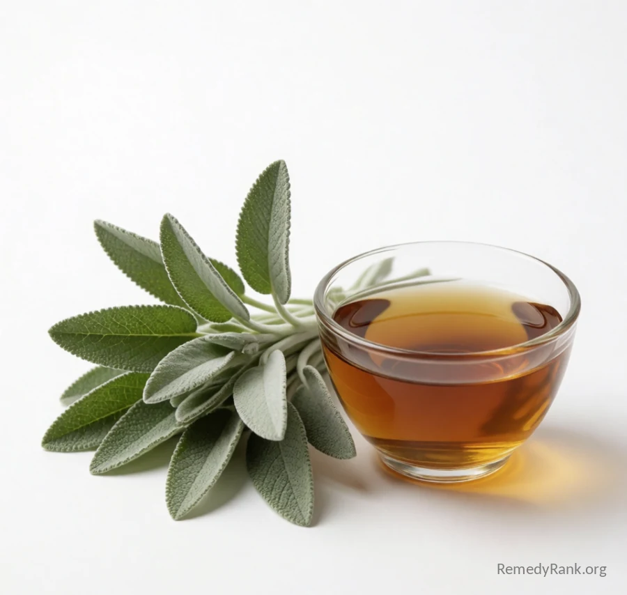 A bundle of velvety grey-green sage leaves rests beside a glass cup of amber tea.