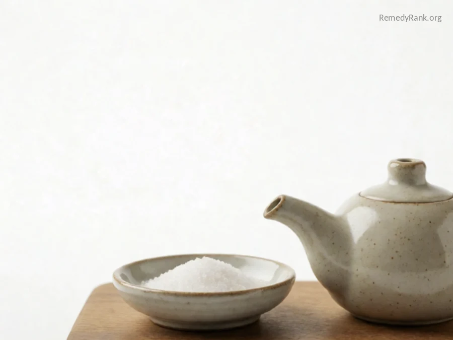A ceramic neti pot beside a shallow dish of salt.