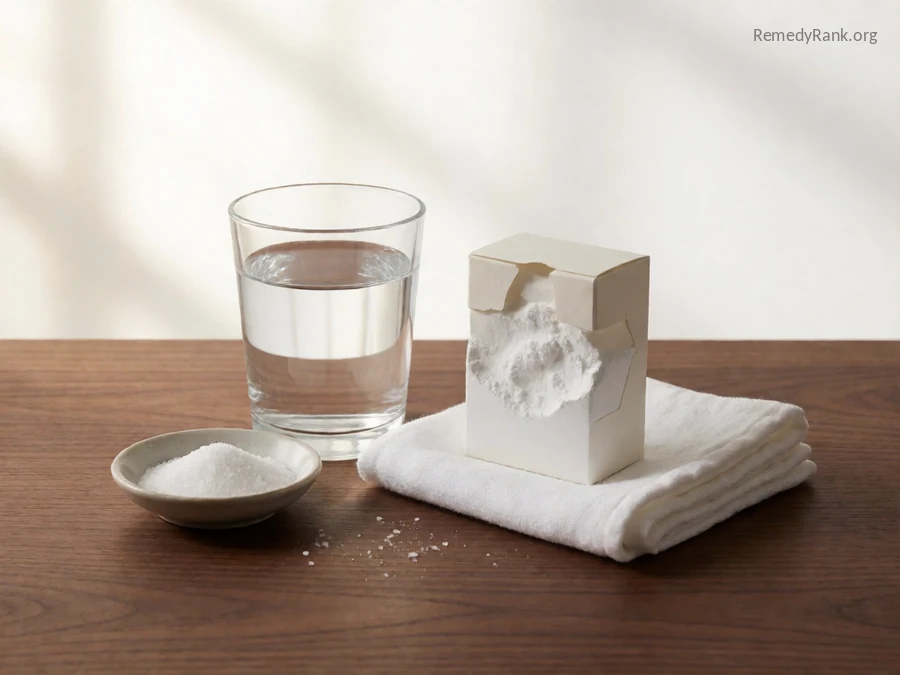 A glass of water beside a small dish of salt and a box of baking soda.
