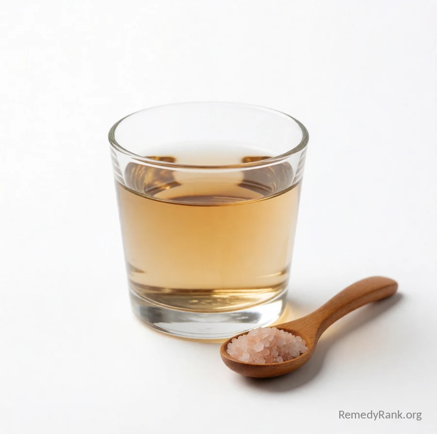 A clear glass of water next to a small wooden spoon of coarse sea salt.