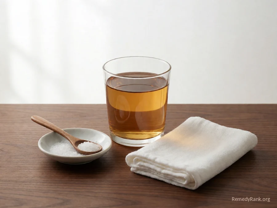 A glass of water beside a small dish of salt and a spoon.