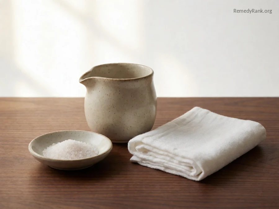 A small ceramic rinse pot next to a dish of salt.