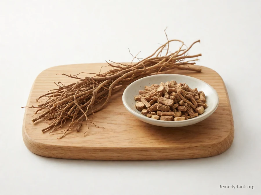 Dried sarsaparilla root beside a dish of cut sarsaparilla root pieces.