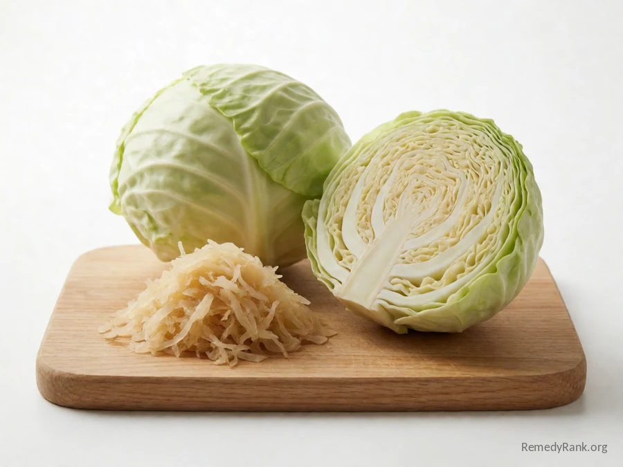 A whole green cabbage beside a heap of pale golden sauerkraut.