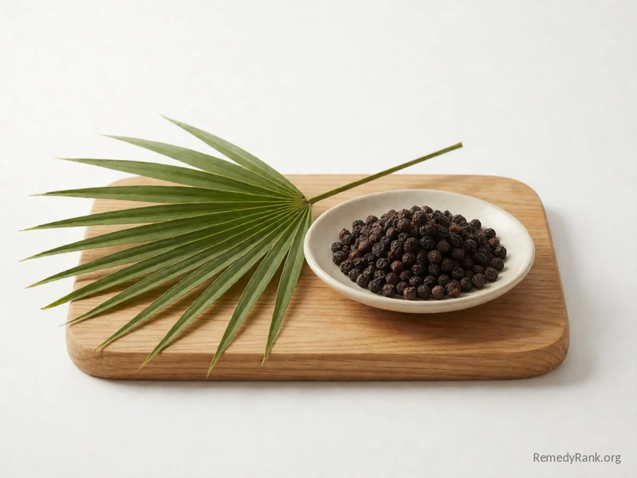 Fresh saw palmetto berries and a palm frond beside a dish of dried saw palmetto berries.