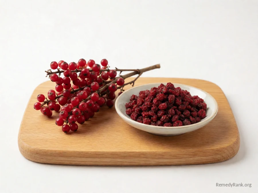 Fresh red schisandra berries beside a dish of dried schisandra berries.