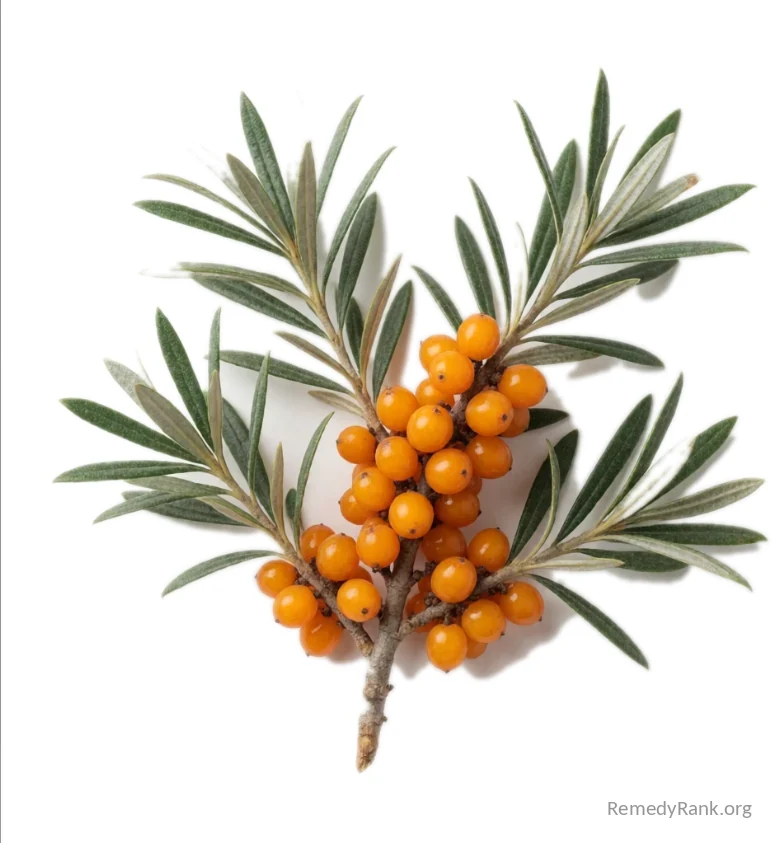 Sea buckthorn branch with clusters of bright orange berries and silvery-green leaves