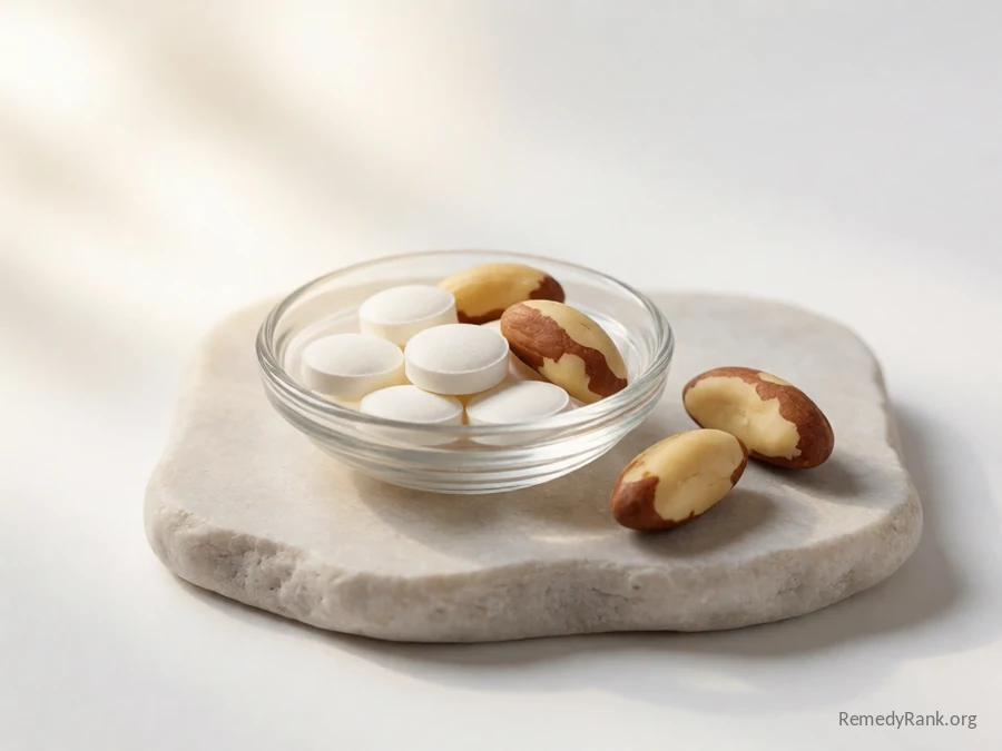 Chalky white round tablets beside two whole brazil nuts.