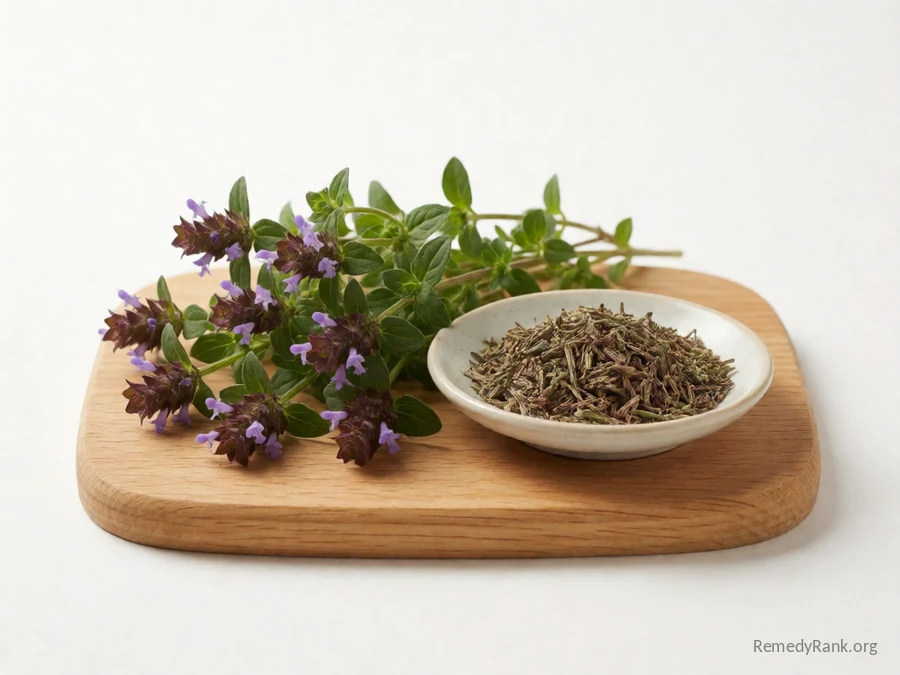 Fresh self-heal with purple flower spikes beside a dish of dried self-heal.