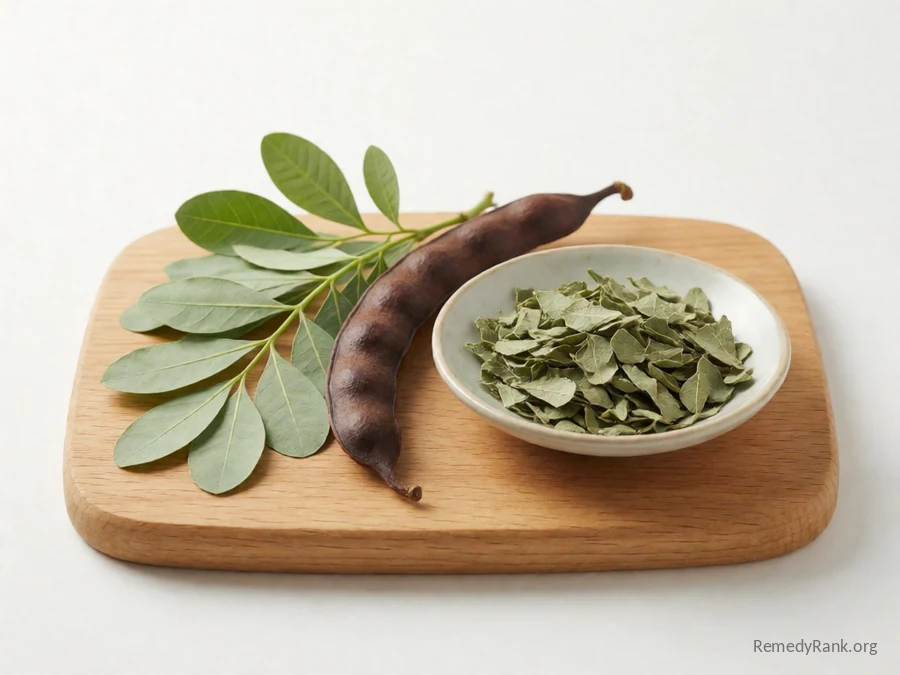 Fresh senna leaves and a pod beside a dish of dried senna leaf.