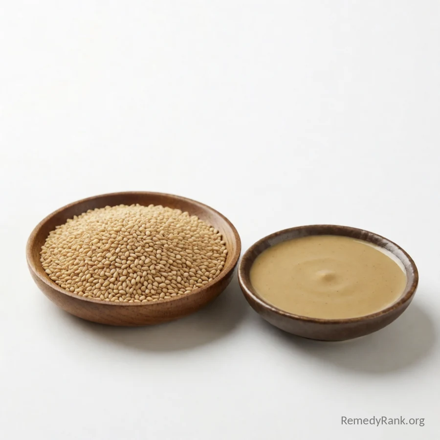 A wooden bowl of tan sesame seeds sits beside a small dish of creamy tahini paste.