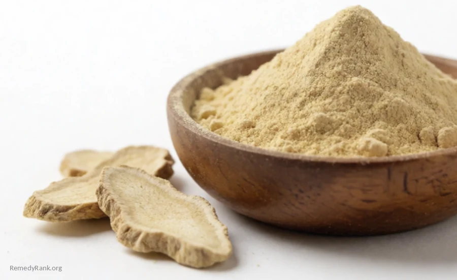 A small wooden bowl of pale tan shatavari root powder beside a few dried root slices.