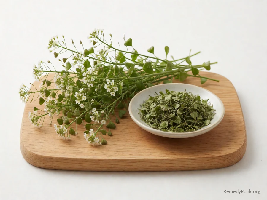 Fresh shepherd's purse with its heart-shaped seed pods beside a dish of dried shepherd's purse.