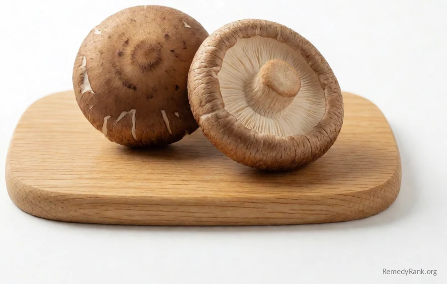 A whole shiitake mushroom beside one turned to show its cream gills.