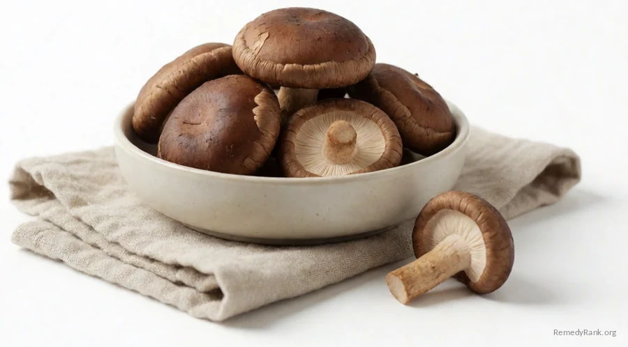 Shiitake mushrooms with dark brown caps.