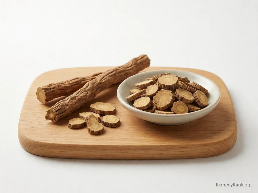A piece of Siberian ginseng root beside a dish of dried sliced root.