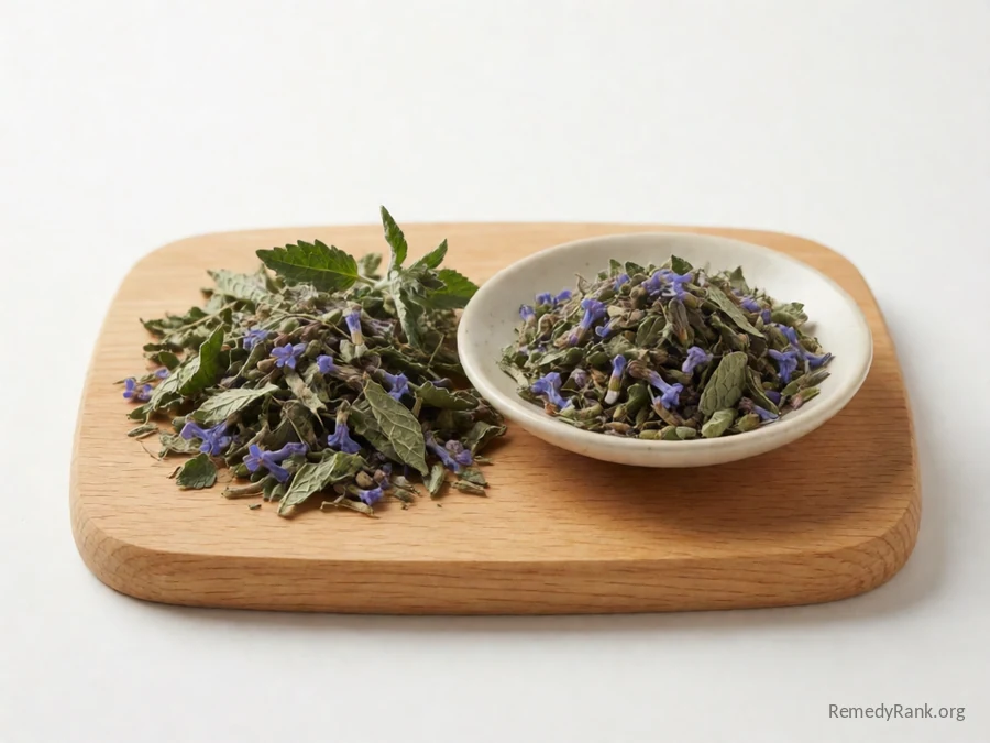 A mix of dried skullcap, catnip, and blue vervain beside a dish of the brewed tea.