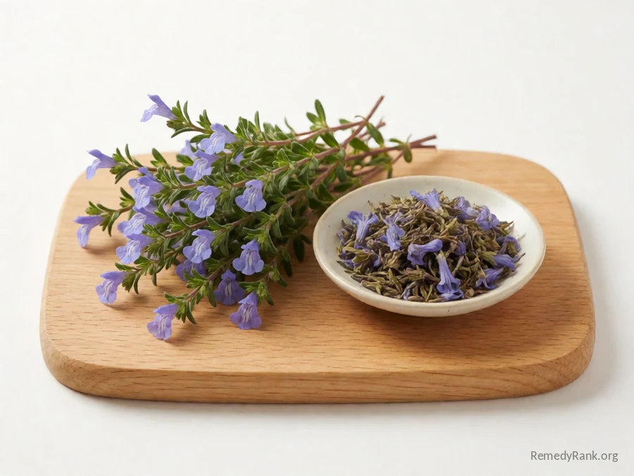 Fresh skullcap with blue-purple flowers beside a dish of dried skullcap.