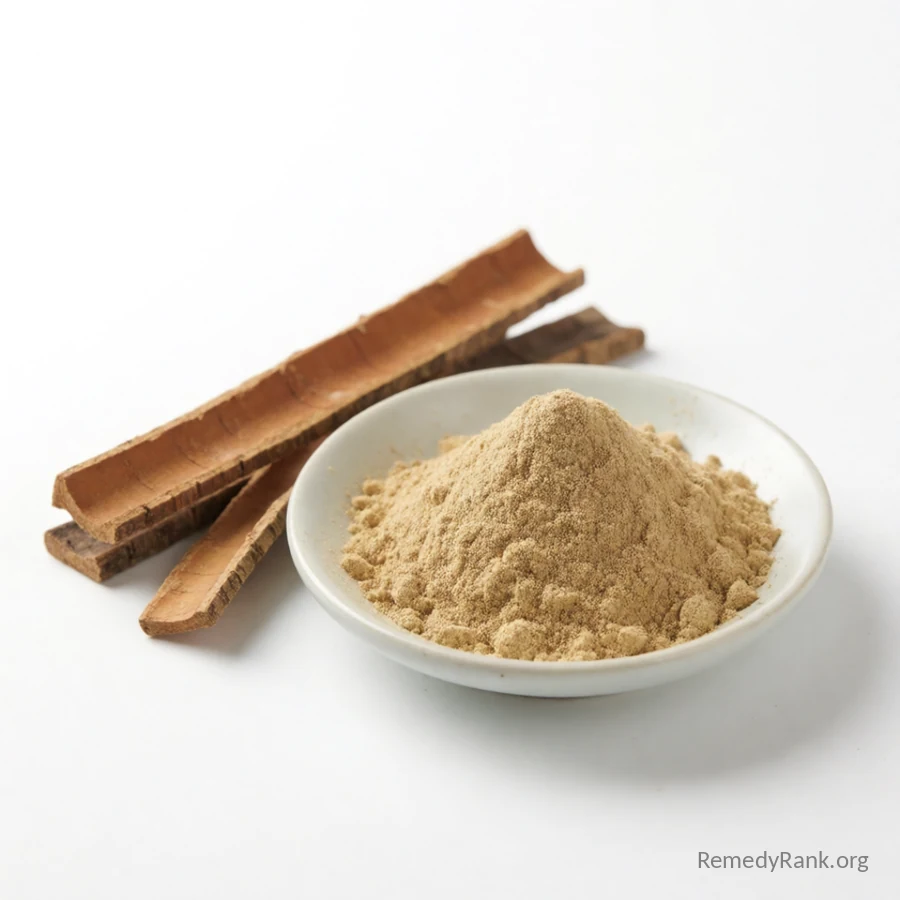 A dish of fine tan slippery elm bark powder next to a few strips of dried inner bark.