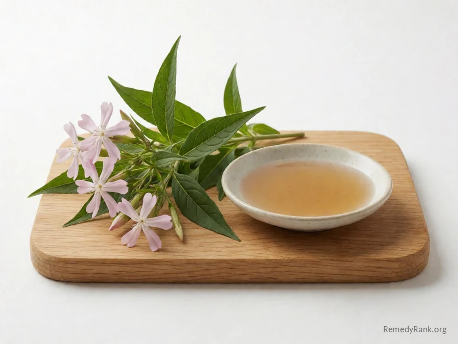 Fresh soapwort leaves and flowers beside a dish of sudsy soapwort liquid.