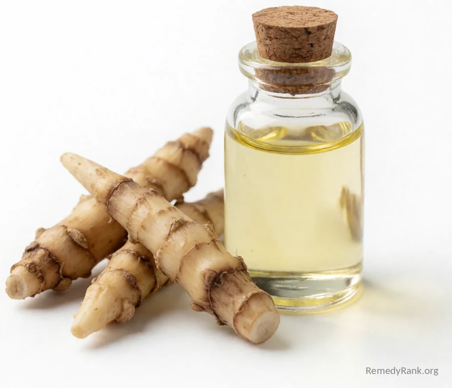 Several pale tan Solomon's seal rhizome pieces resting beside a small glass bottle of liniment oil.