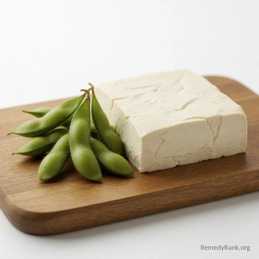 A block of white tofu sits beside a small pile of green edamame pods on a wooden board.