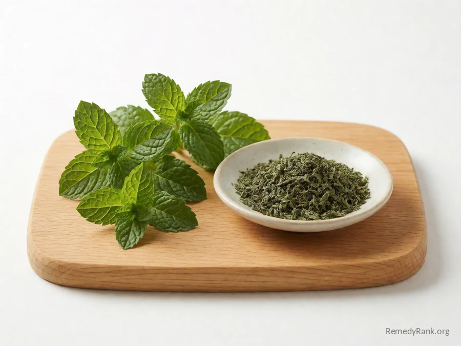 Fresh spearmint sprigs beside a dish of dried spearmint leaf.