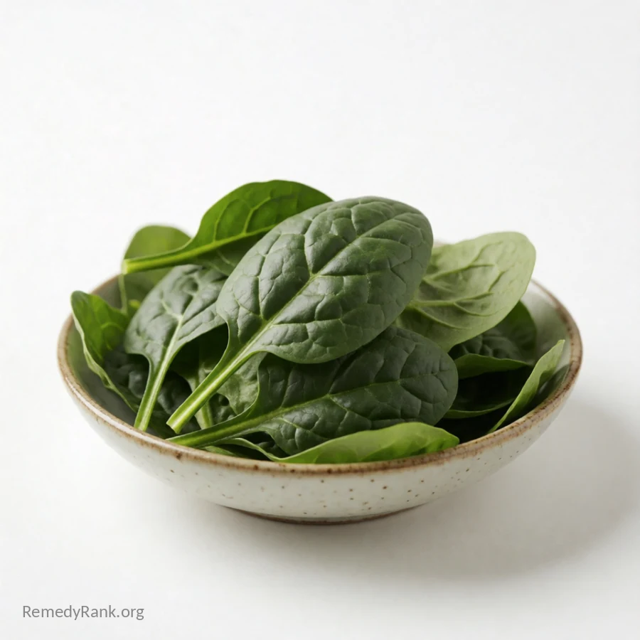 Fresh dark green spinach leaves are piled loosely in a shallow ceramic bowl.