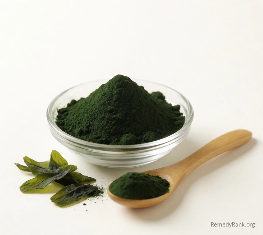 A glass dish of deep green spirulina powder sits beside a wooden spoon and a few dried algae flakes.