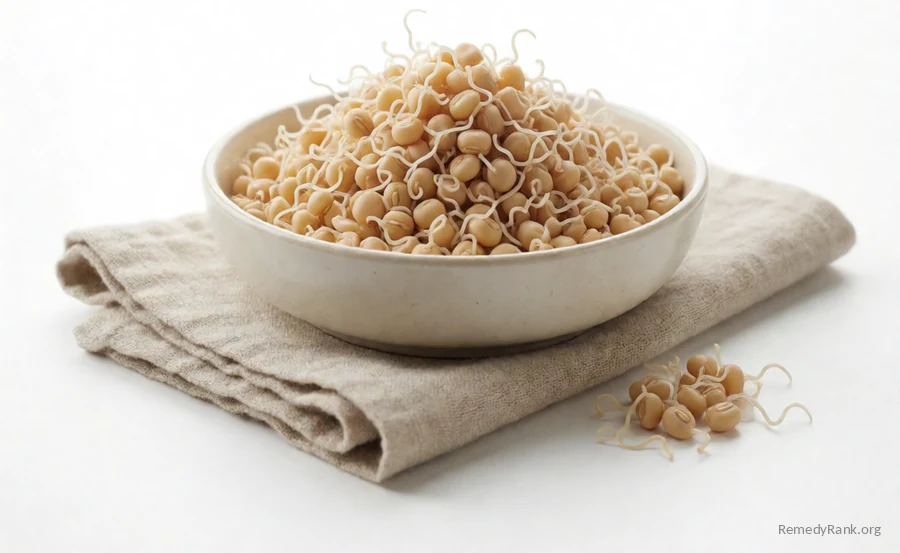 Pale sprouted lentils and mung beans with curling white tails.