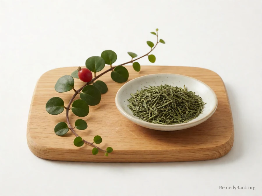 Fresh squaw vine with its red berry beside a dish of dried squaw vine.